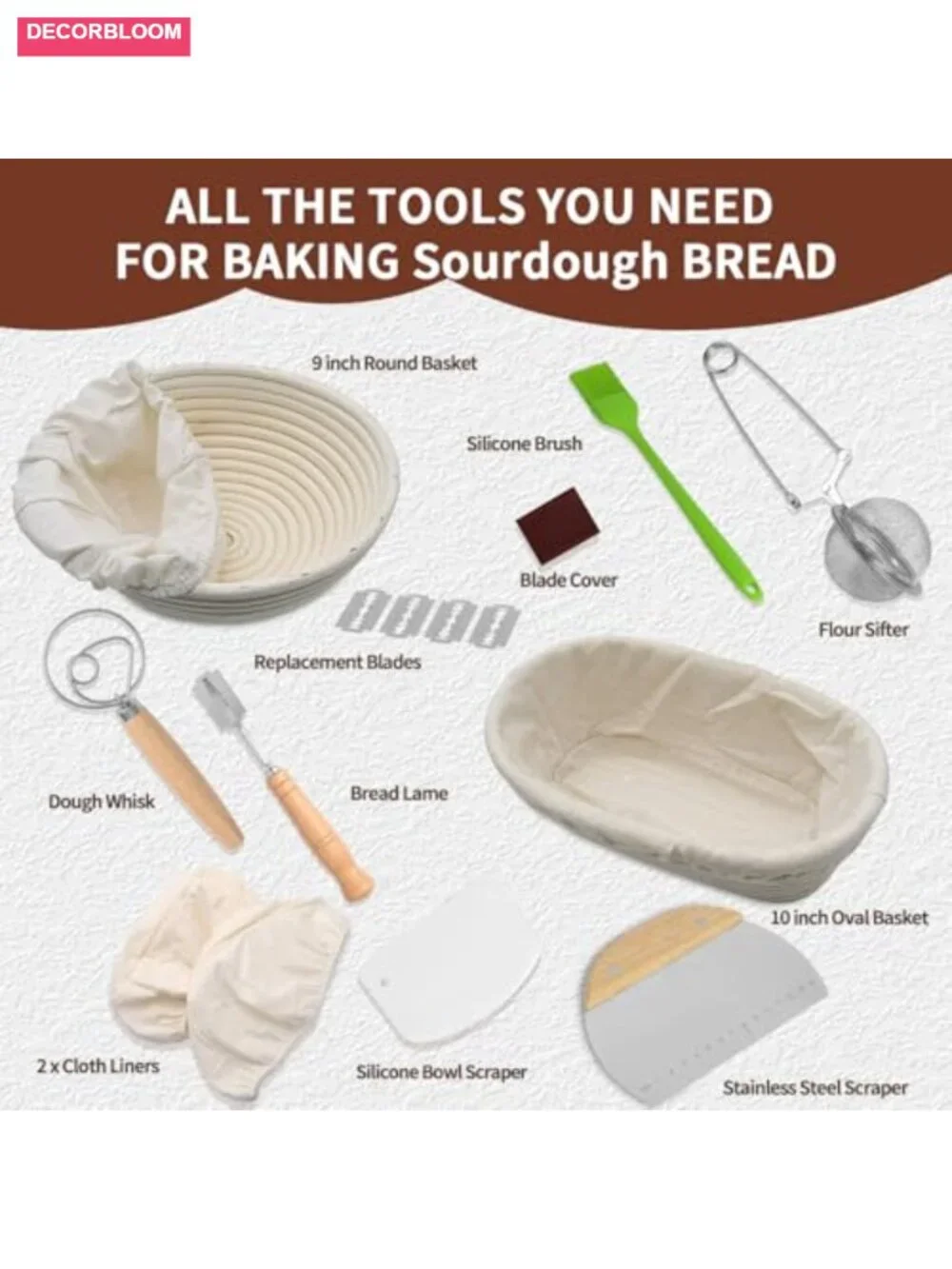 Bread Proofing Basket Set, 2 Banneton with Liners, Bread Lame, Whisk, Scrapers
